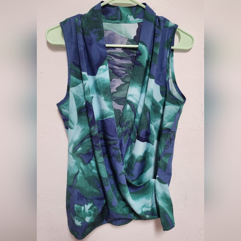 Sleeveless Green & Blue Draped V-Neck Women’s Top